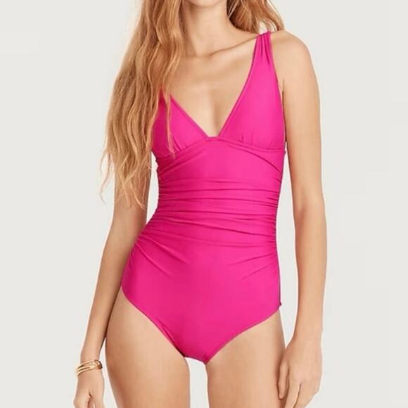 J Crew Fuchsia Pink Ruched V Neck Plunge One Piece Swimsuit SZ 12 Beach Vacation - Picture 1 of 11